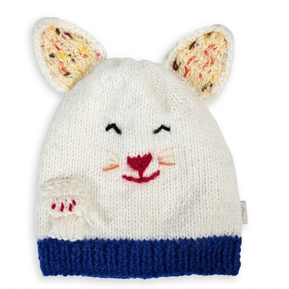 Maneki Neko Lucky Cat Knit Beanie Hat White Blue Embroidered Beckoning Paw Ears